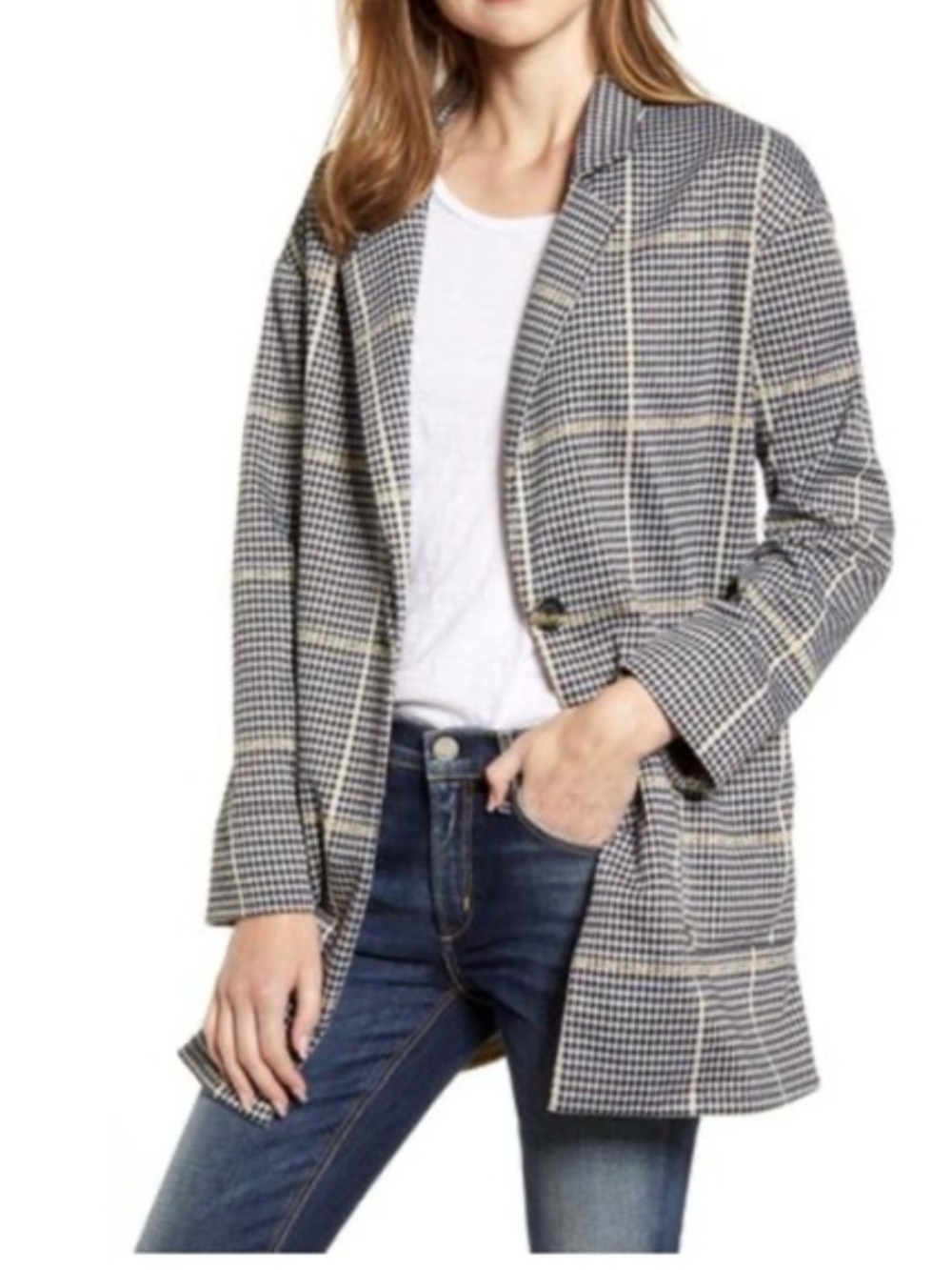 Anthropologie Houndstooth Plaid Longline Blazer in Black and Cream